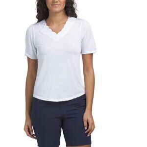 THE BUBBLE White Emily Scalloped Neck Performance Short Sleeve Top